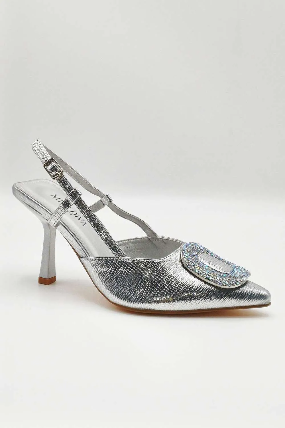 Amia Diamante Brooch Detail Slingback Court Heel in Silver