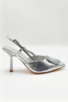 Amia Diamante Brooch Detail Slingback Court Heel in Silver