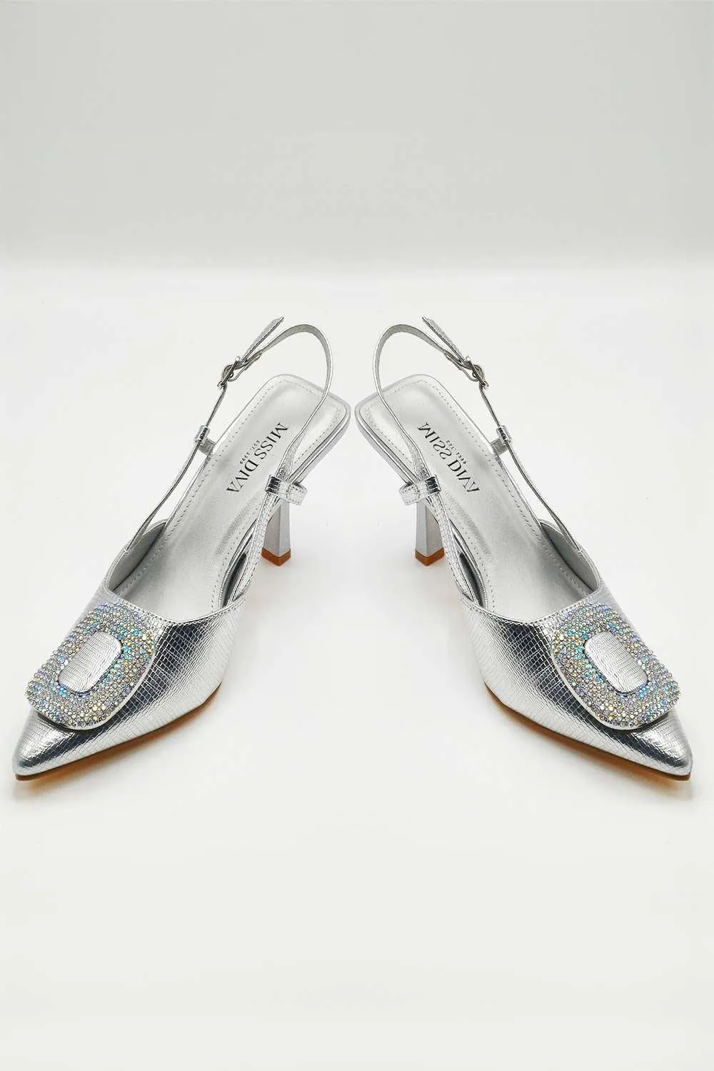 Amia Diamante Brooch Detail Slingback Court Heel in Silver
