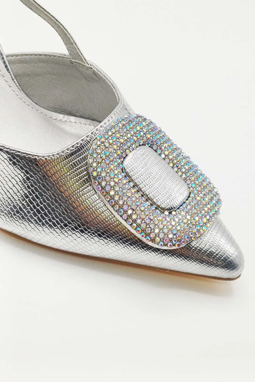 Amia Diamante Brooch Detail Slingback Court Heel in Silver