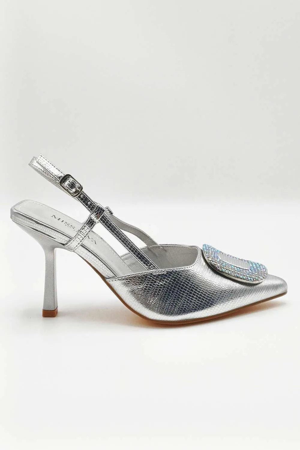 Amia Diamante Brooch Detail Slingback Court Heel in Silver