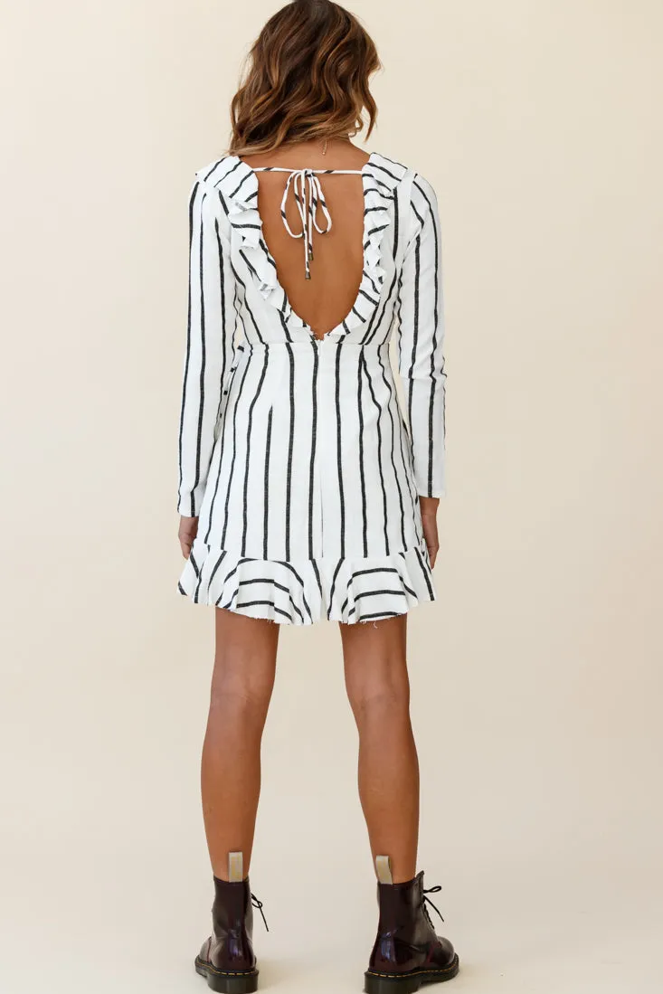 Beatrice Faux Wrap Ruffle Trim Raw Edge Dress White/Black Stripe