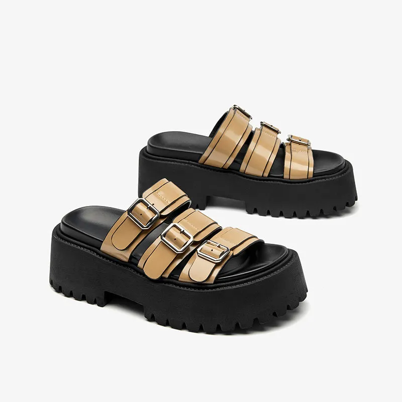 BeauToday Women's Platform Sole Slippers with Metal Buckle Strap