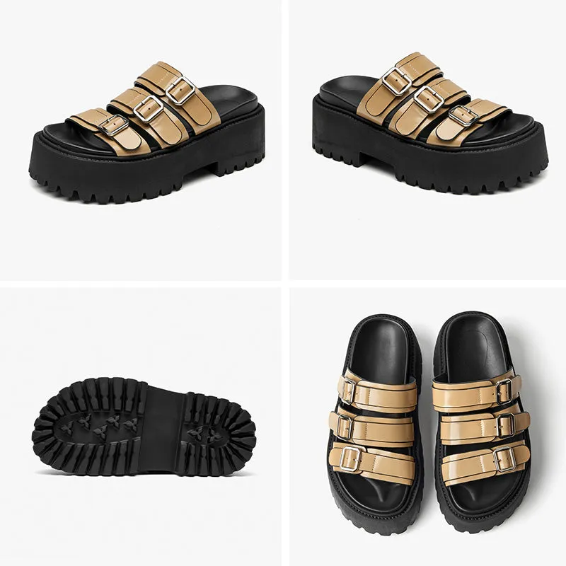 BeauToday Women's Platform Sole Slippers with Metal Buckle Strap