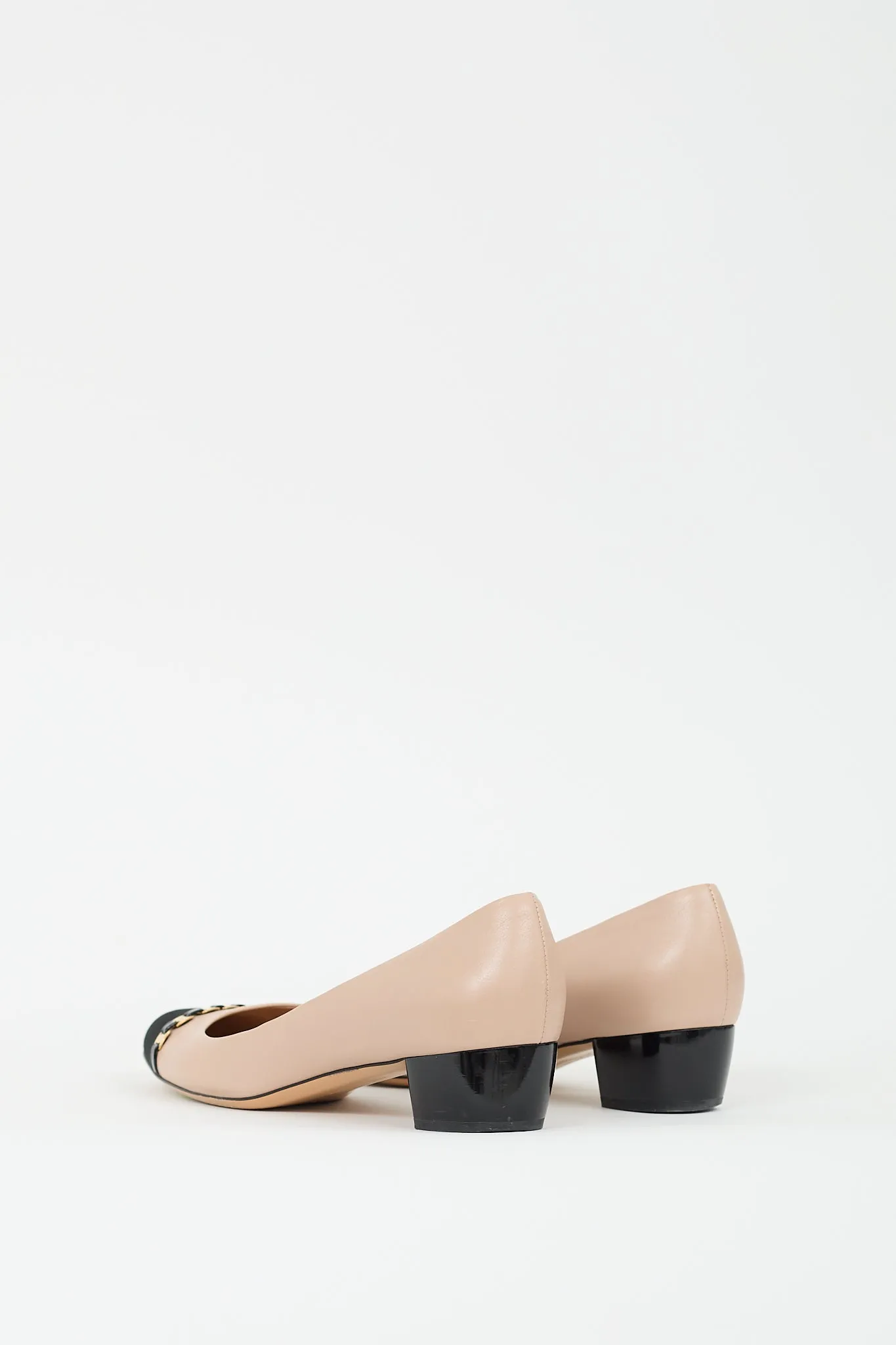 Beige & Black Leather Embellished Cap Pump