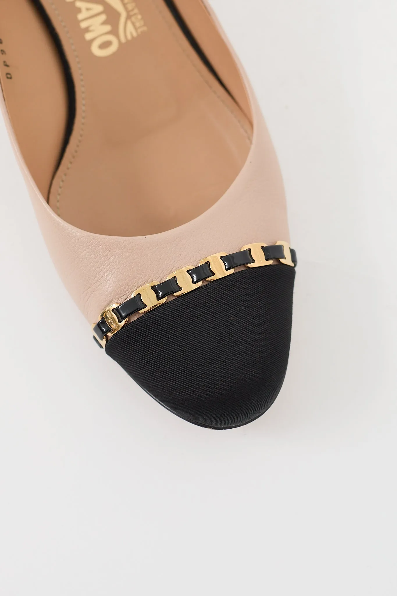 Beige & Black Leather Embellished Cap Pump
