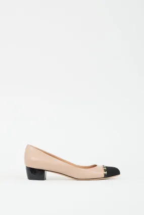 Beige & Black Leather Embellished Cap Pump