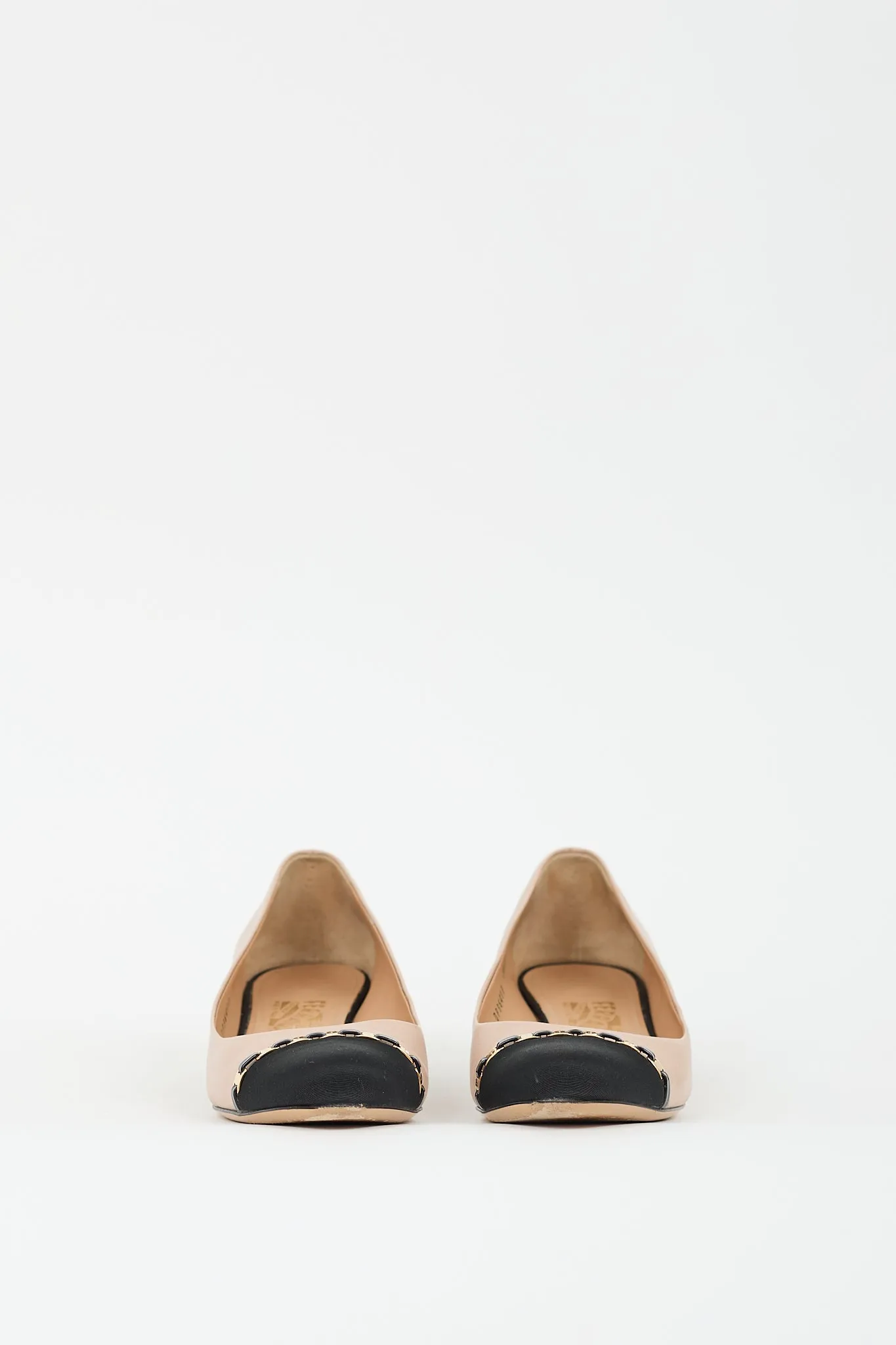 Beige & Black Leather Embellished Cap Pump