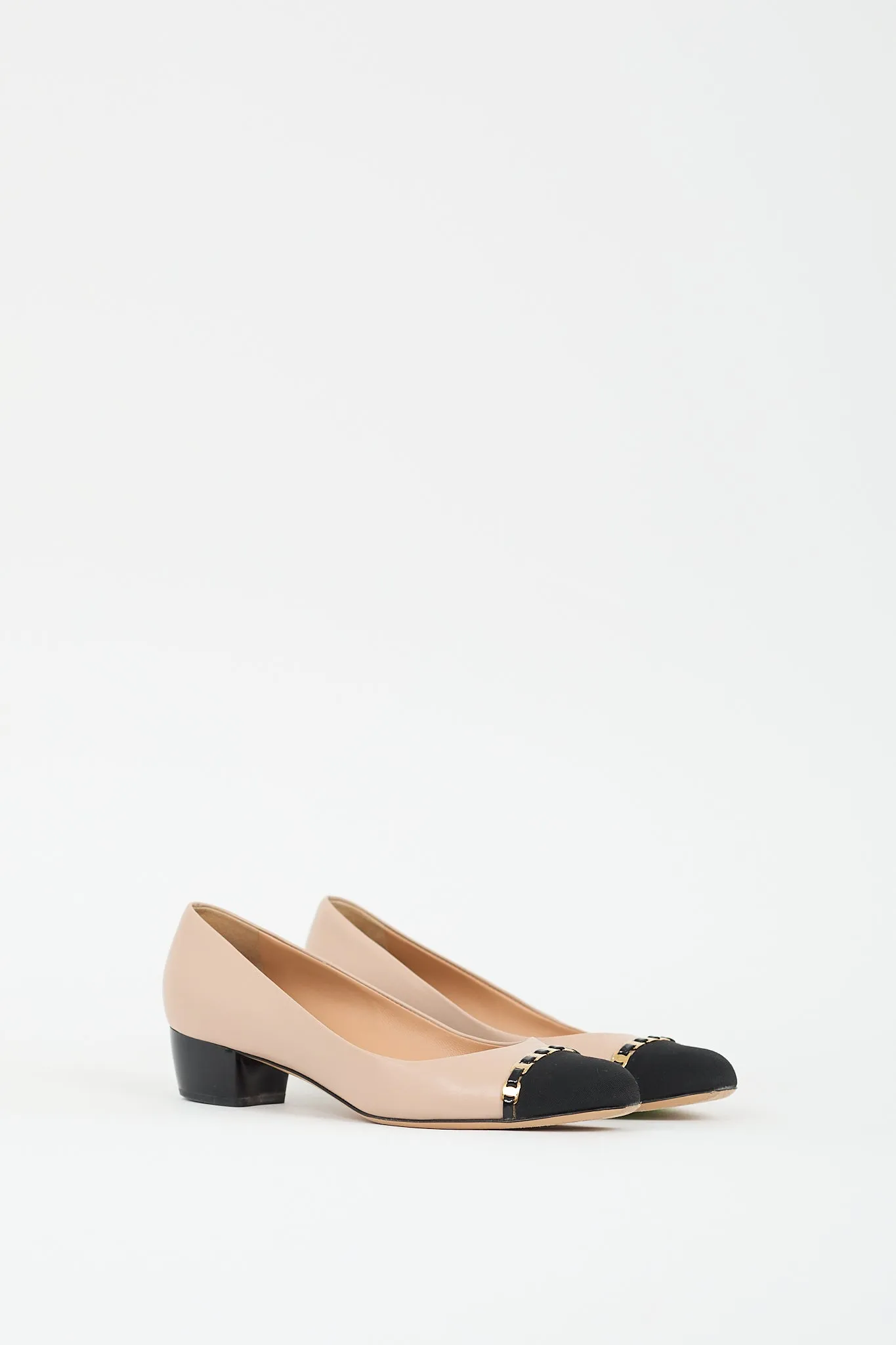 Beige & Black Leather Embellished Cap Pump