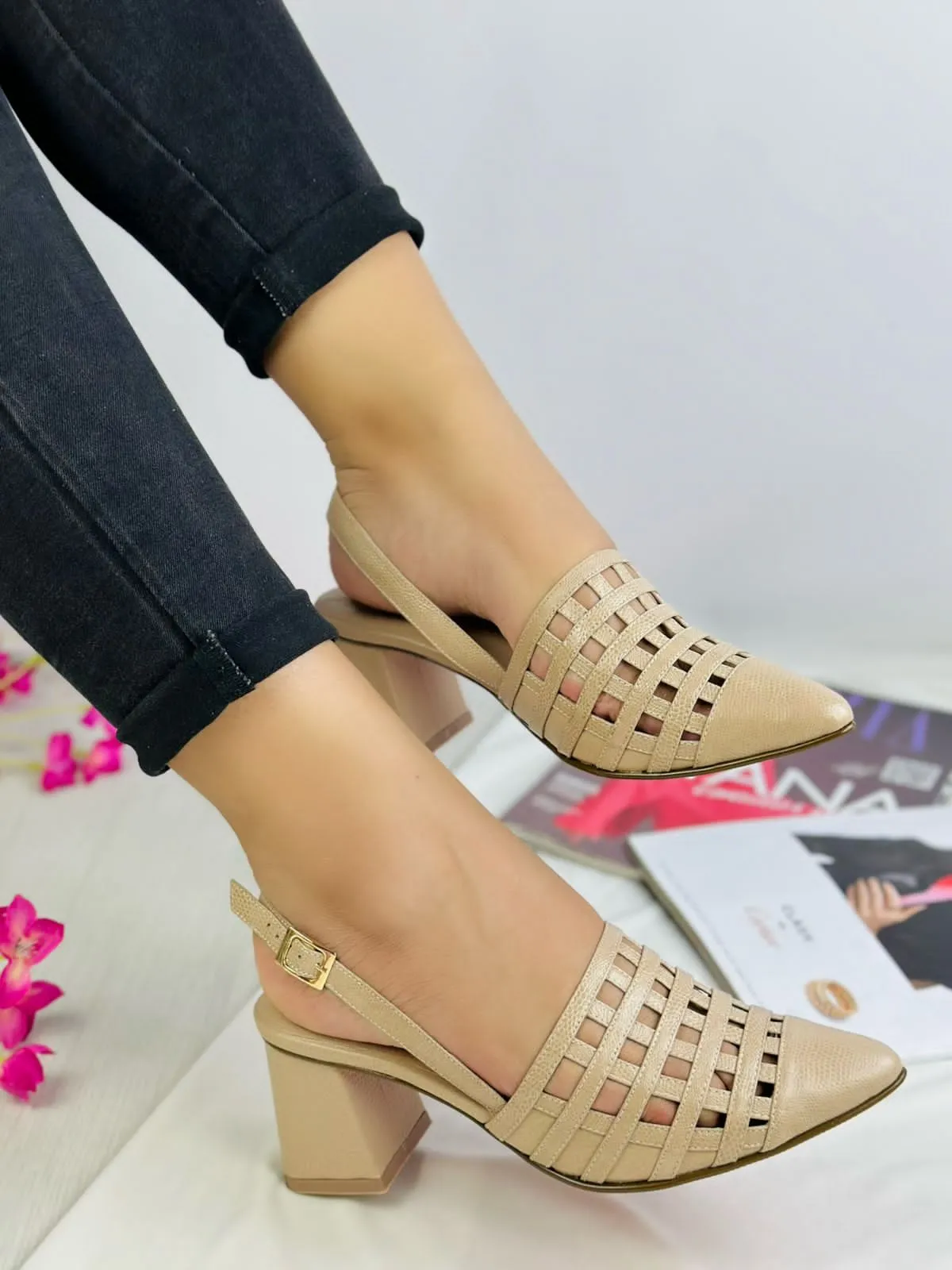 Beige Cutout Leather Block Sandals