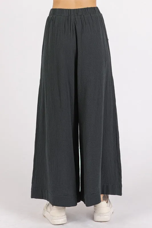 Black Gauze Elastic Waist Pleated Wide Leg Pants