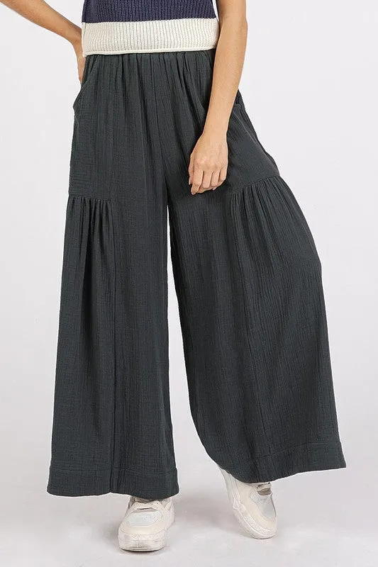 Black Gauze Elastic Waist Pleated Wide Leg Pants