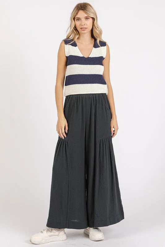 Black Gauze Elastic Waist Pleated Wide Leg Pants