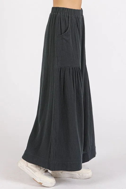 Black Gauze Elastic Waist Pleated Wide Leg Pants