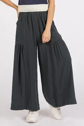 Black Gauze Elastic Waist Pleated Wide Leg Pants