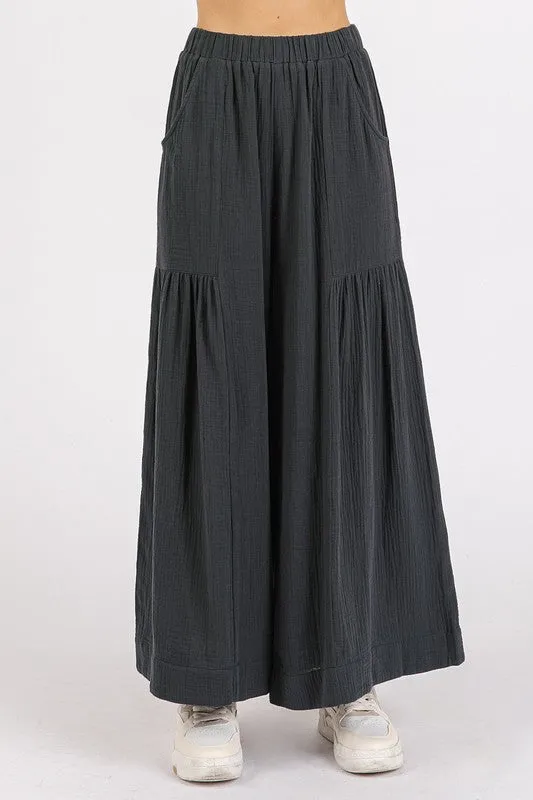 Black Gauze Elastic Waist Pleated Wide Leg Pants