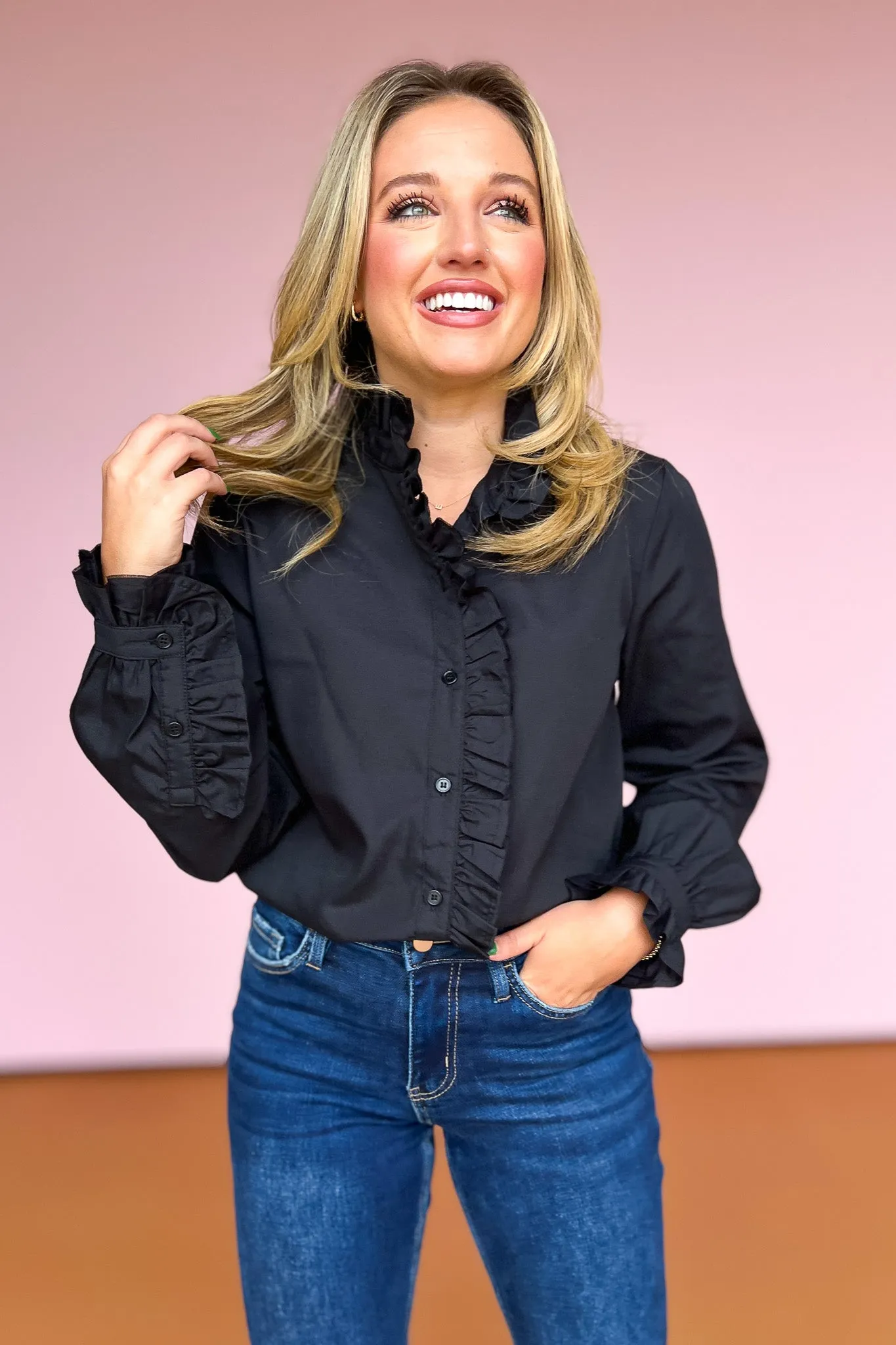 Black Ruffle Detail Button Up Top