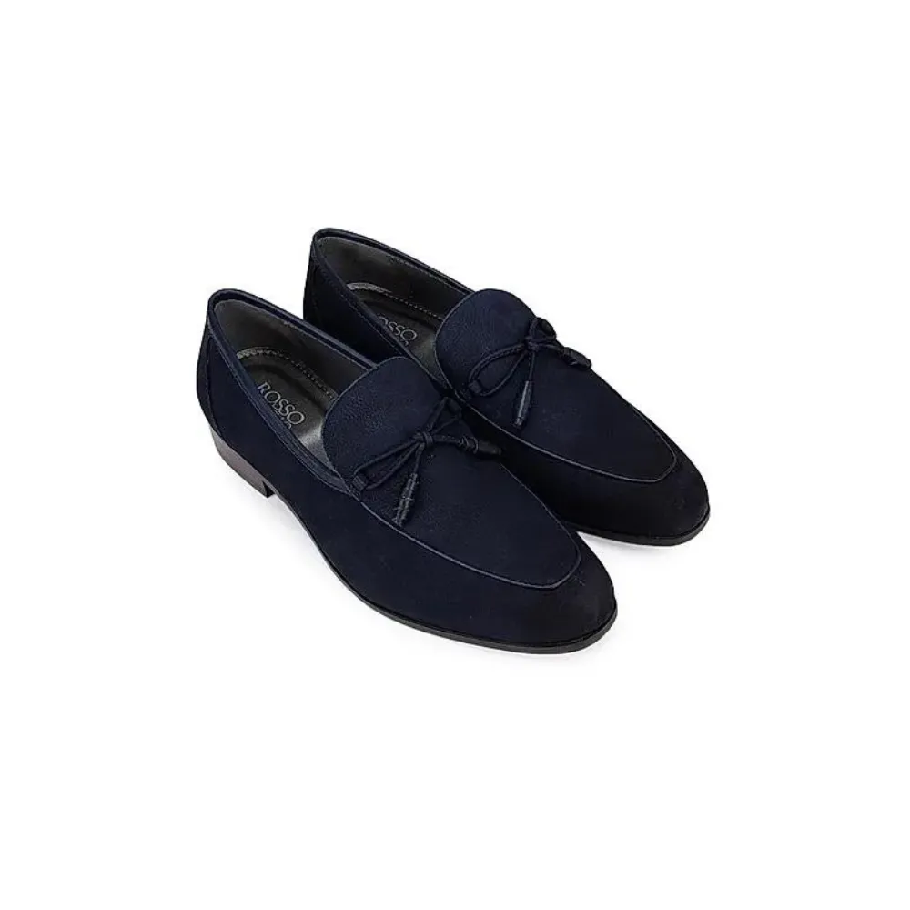 Blue Textured Loafers With Bow Detail
