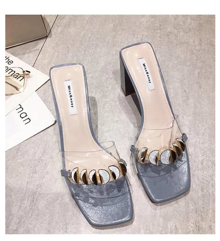 BOOPDO DESIGN CLEAR EMBELLISHED BLOCK HEELED SANDALS