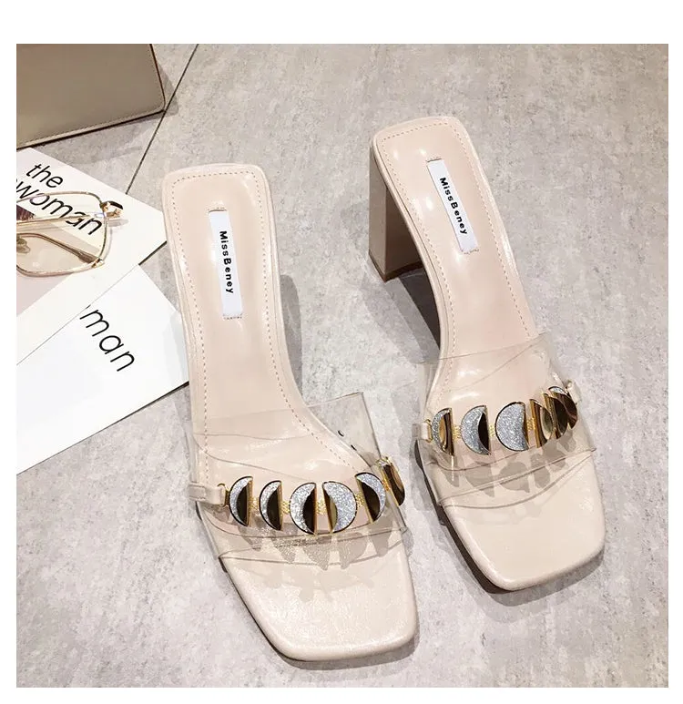 BOOPDO DESIGN CLEAR EMBELLISHED BLOCK HEELED SANDALS