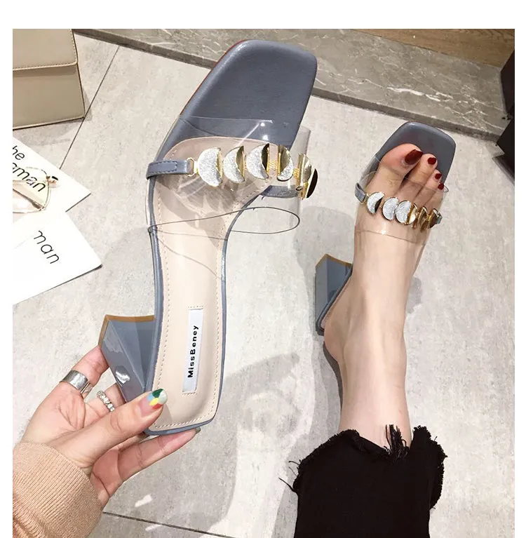 BOOPDO DESIGN CLEAR EMBELLISHED BLOCK HEELED SANDALS