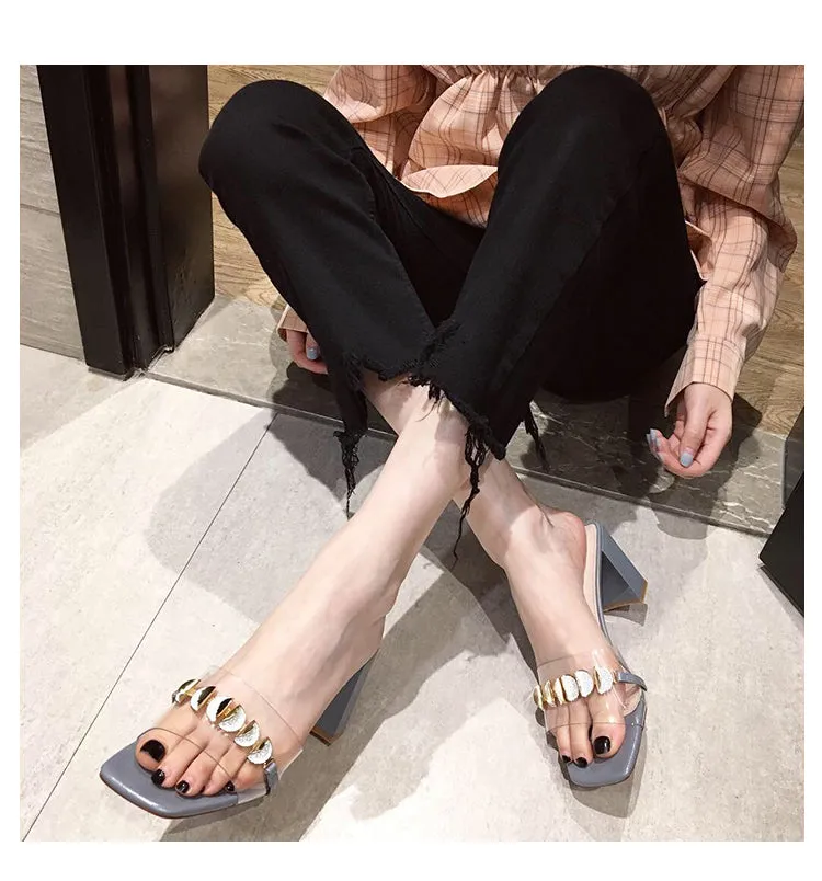BOOPDO DESIGN CLEAR EMBELLISHED BLOCK HEELED SANDALS