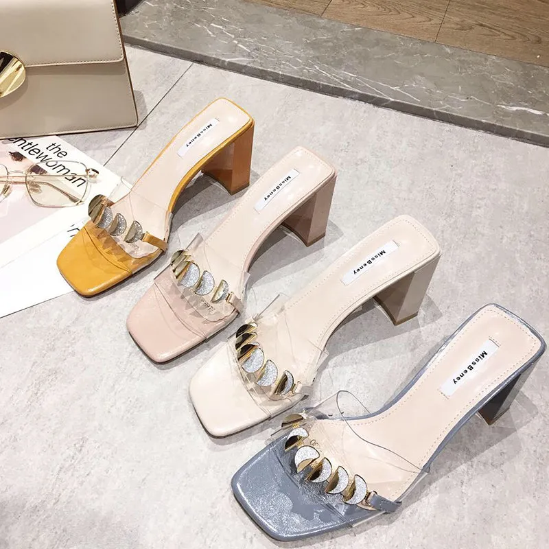 BOOPDO DESIGN CLEAR EMBELLISHED BLOCK HEELED SANDALS