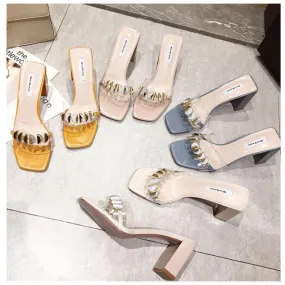 BOOPDO DESIGN CLEAR EMBELLISHED BLOCK HEELED SANDALS