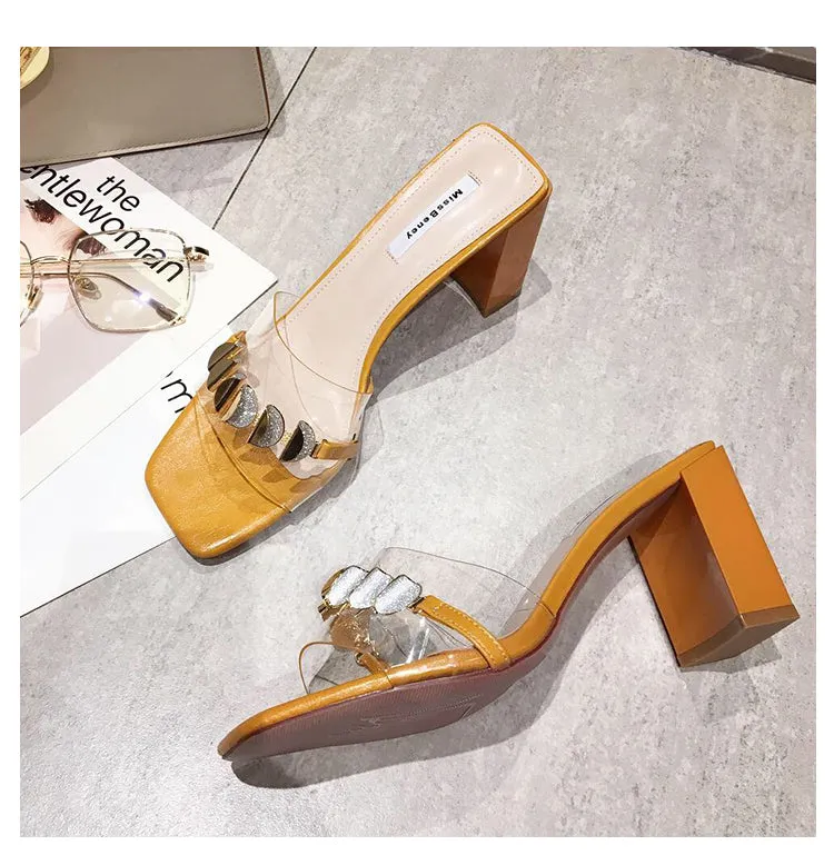 BOOPDO DESIGN CLEAR EMBELLISHED BLOCK HEELED SANDALS
