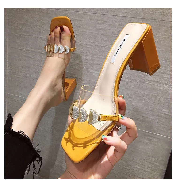 BOOPDO DESIGN CLEAR EMBELLISHED BLOCK HEELED SANDALS
