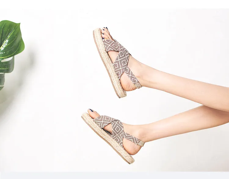 BOOPDO DESIGN CROSS STRAP SANDALS IN GEOMETRIC PRINT