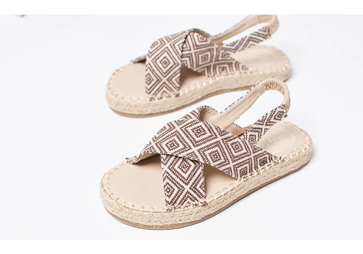BOOPDO DESIGN CROSS STRAP SANDALS IN GEOMETRIC PRINT