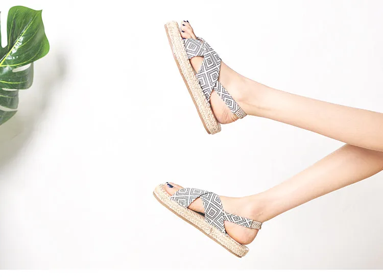 BOOPDO DESIGN CROSS STRAP SANDALS IN GEOMETRIC PRINT