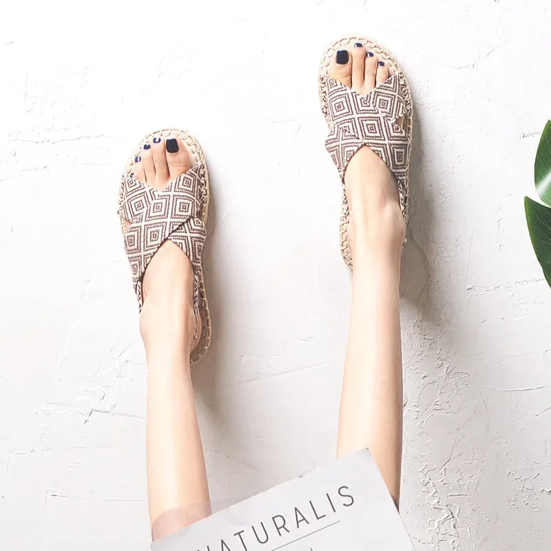 BOOPDO DESIGN CROSS STRAP SANDALS IN GEOMETRIC PRINT