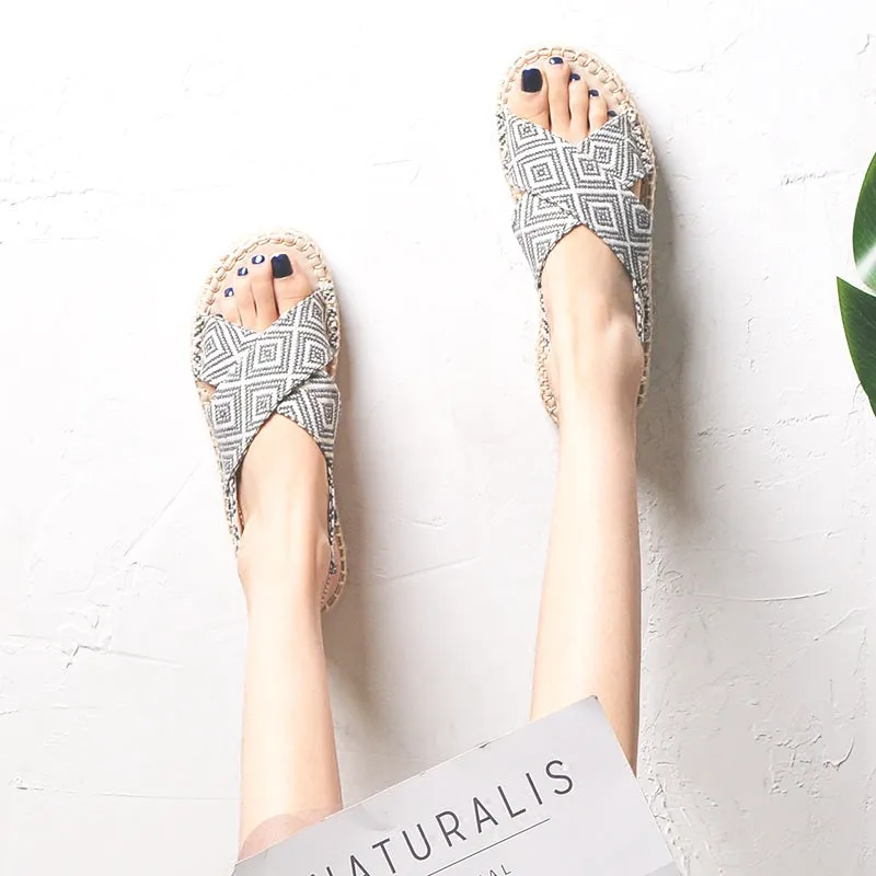 BOOPDO DESIGN CROSS STRAP SANDALS IN GEOMETRIC PRINT