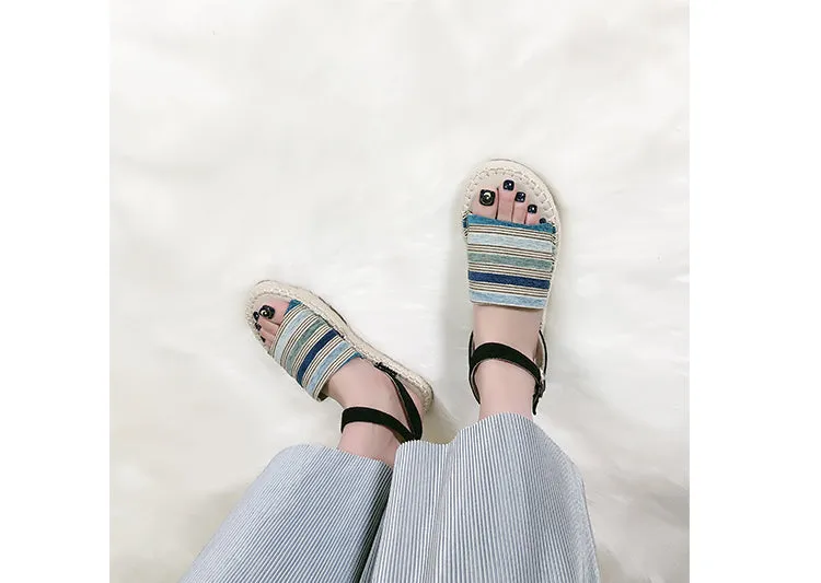 BOOPDO DESIGN ESPADRILLE ANKLE STRAP SANDALS IN STRIPE
