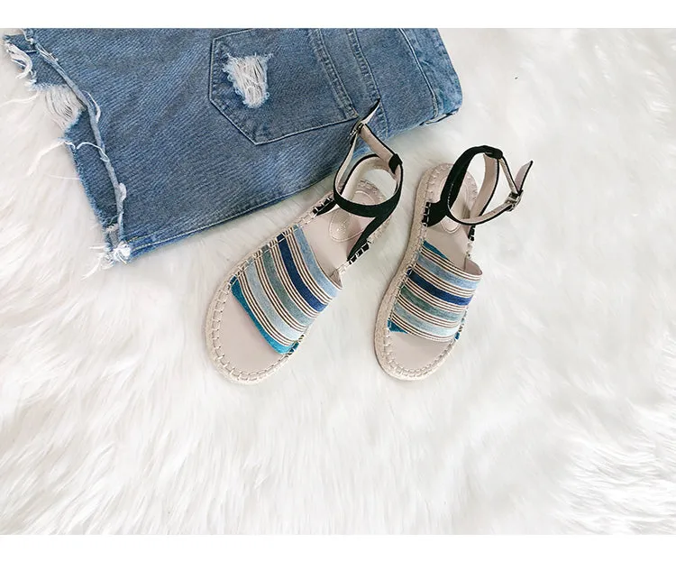 BOOPDO DESIGN ESPADRILLE ANKLE STRAP SANDALS IN STRIPE