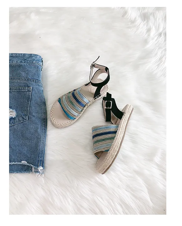 BOOPDO DESIGN ESPADRILLE ANKLE STRAP SANDALS IN STRIPE
