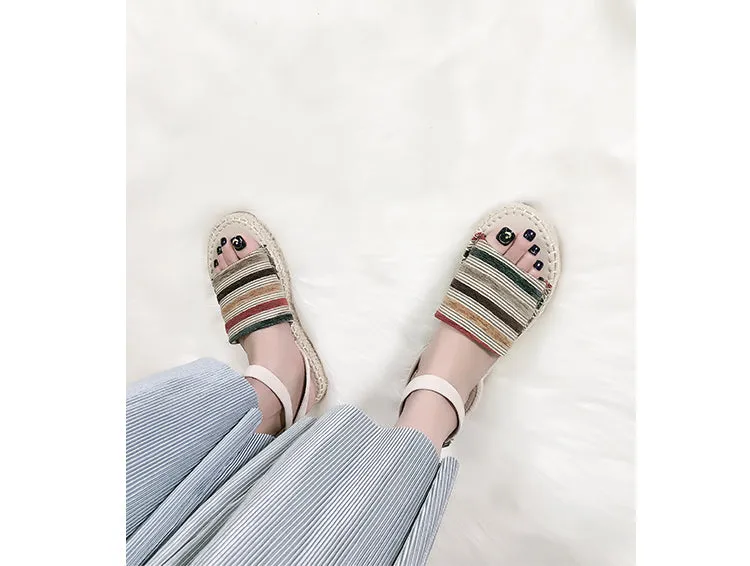 BOOPDO DESIGN ESPADRILLE ANKLE STRAP SANDALS IN STRIPE