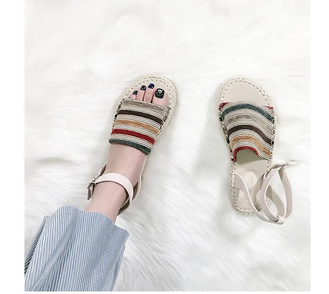 BOOPDO DESIGN ESPADRILLE ANKLE STRAP SANDALS IN STRIPE