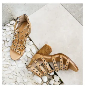 BOOPDO DESIGN ZIP UP DETAIL STUDDED BLOCK HEELED SANDALS