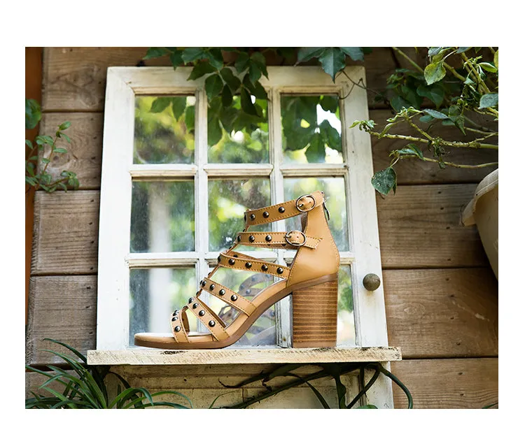 BOOPDO DESIGN ZIP UP DETAIL STUDDED BLOCK HEELED SANDALS