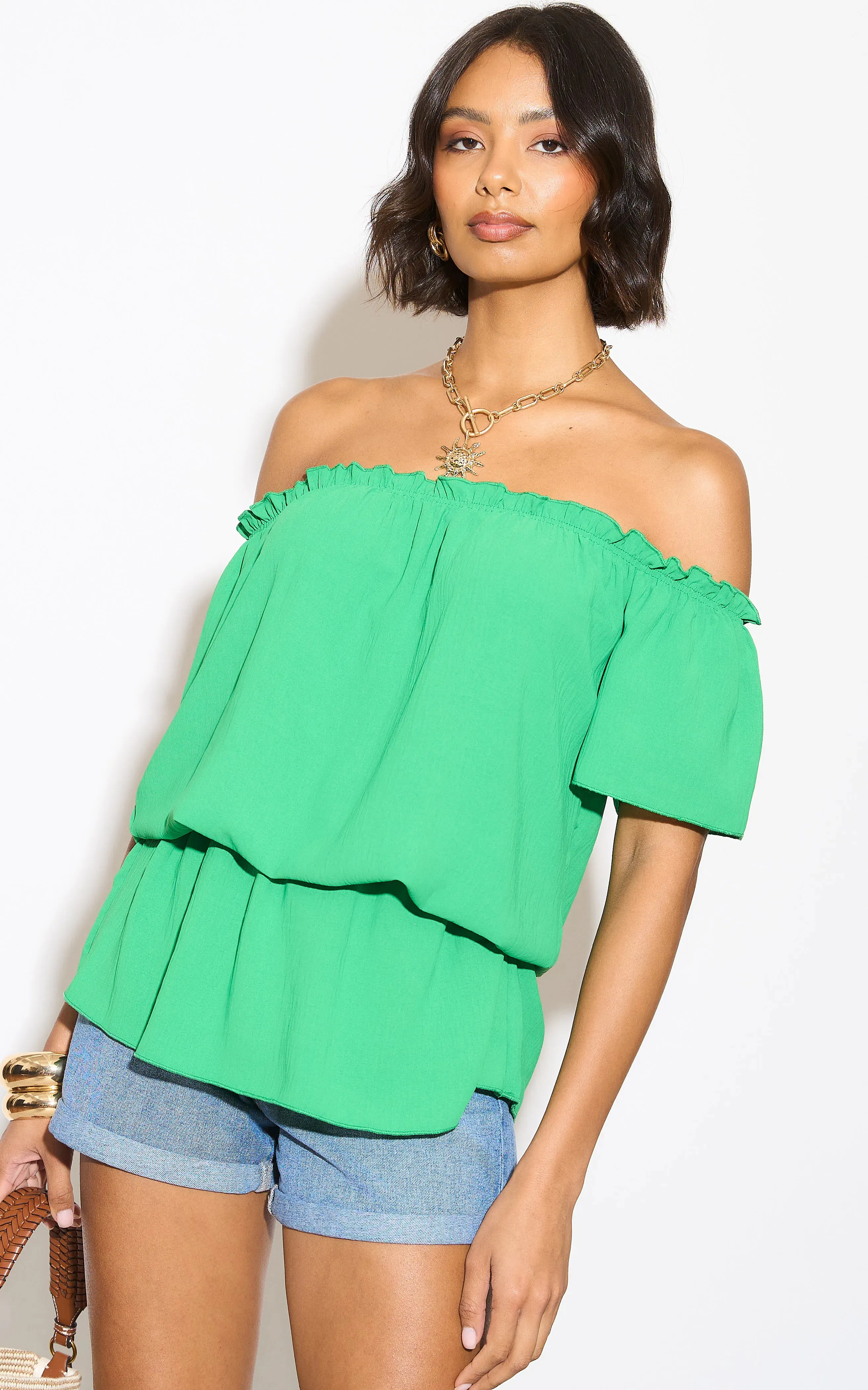 Breezy Off-Shoulder Bardot Top in Refreshing Green