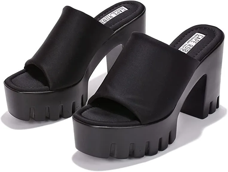 Cape Robbin Echoya Black Slip On Block Heel Rounded Toe Fashion Heeled Sandals
