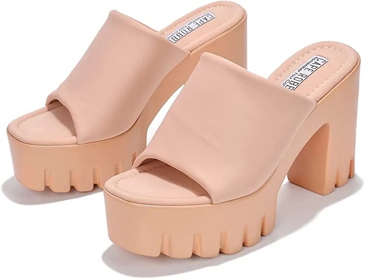 Cape Robbin Echoya Nude Slip On Block Heel Open Round Toe Fashion Heeled Sandals