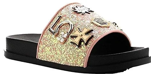 Cape Robbin Moira-25 Pink Slides Glitter Metal Pendant Ornament Fashion Sandals