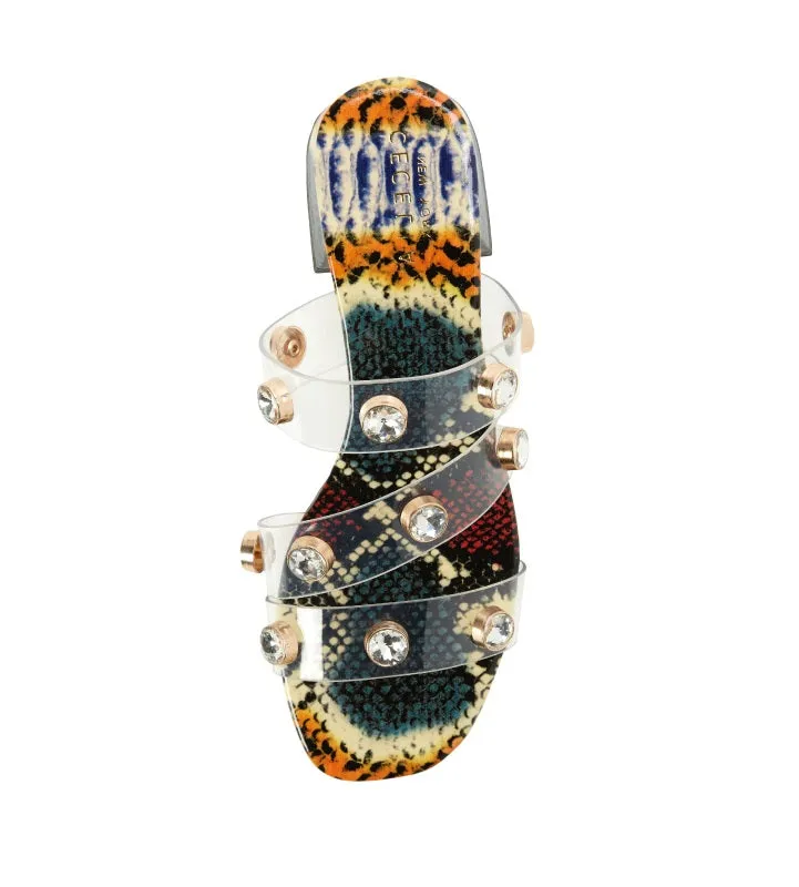 Cecelia New York London Blue Multi Snake Patent Slip On Open Toe Slide Sandals
