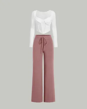 Combo Set of Offwhite Ribbed Corset Top & Casual Trouser In Dusty Pink