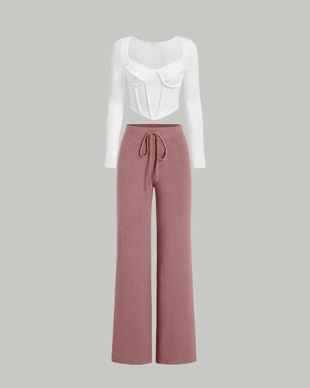 Combo Set of Offwhite Ribbed Corset Top & Casual Trouser In Dusty Pink