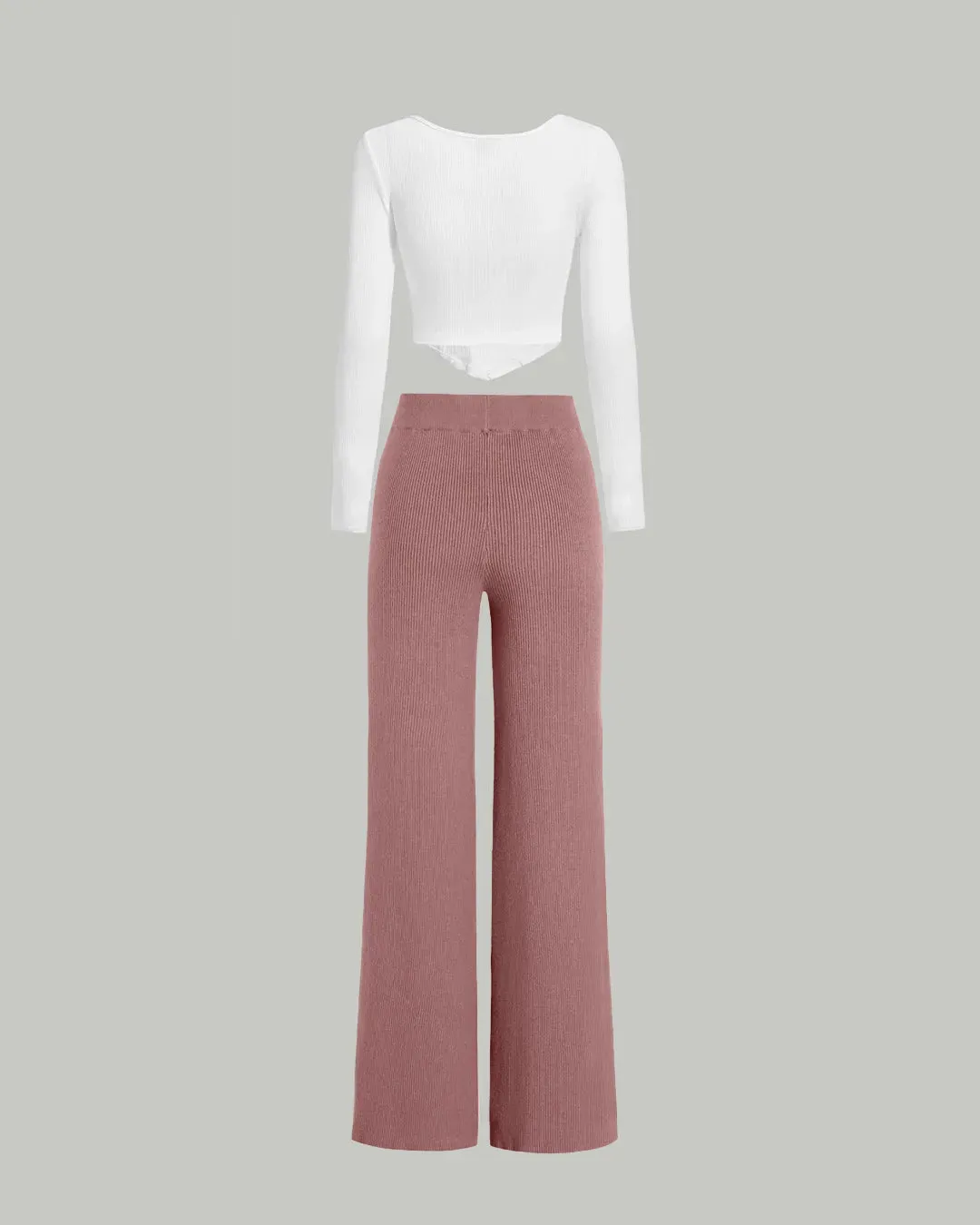 Combo Set of Offwhite Ribbed Corset Top & Casual Trouser In Dusty Pink